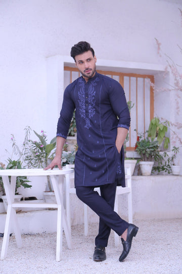 Blue Color Chicken Kari Embroidery Kurta Pajama For Men